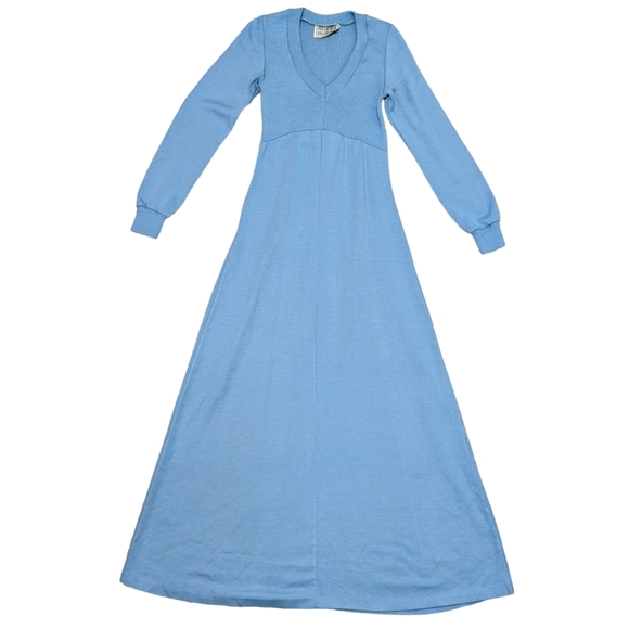 Vintage 70's Hubba Hubba Women's 7/8 Cerulean Blue Long-Sleeve Maxi Knit Dress - Picture 2 of 11